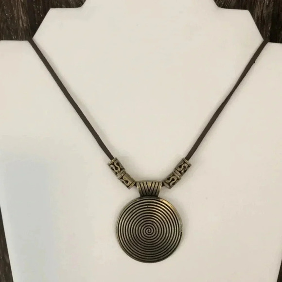 Bronze Spiral Design Circle & Bead Necklace Leather Cord NWT - Picture 1 of 4